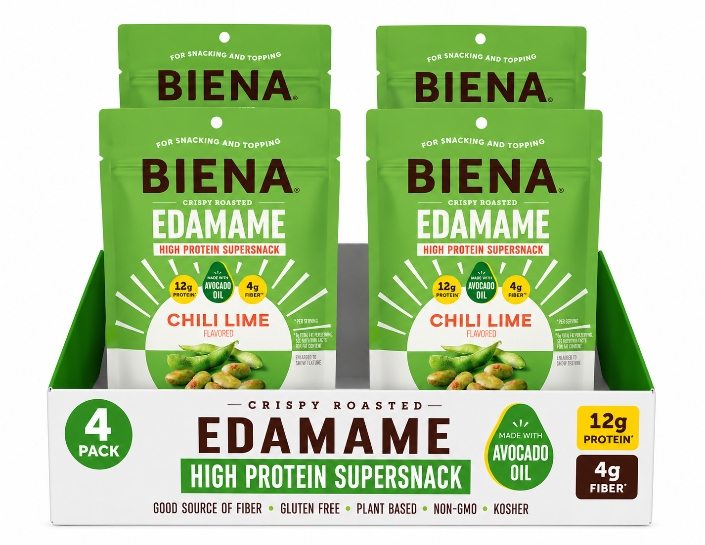 Biena Edamame Beans Snack High Protein Snacks – Healthy Office Snacks For Adults and Kids, 13g of Protein, 130 Low Calorie, Crunchy Edamame, Vegan, Low Carb, Gluten-Free, Chili Lime, 4 pk, 4.75oz Bag