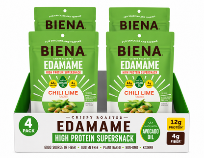 Biena Edamame Beans Snack High Protein Snacks – Healthy Office Snacks For Adults and Kids, 13g of Protein, 130 Low Calorie, Crunchy Edamame, Vegan, Low Carb, Gluten-Free, Chili Lime, 4 pk, 4.75oz Bag