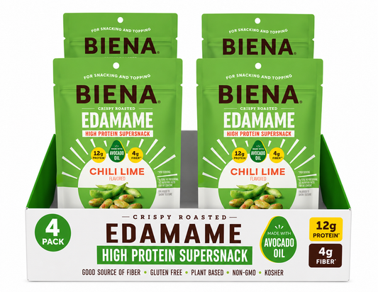 Biena Edamame Beans Snack High Protein Snacks – Healthy Office Snacks For Adults and Kids, 13g of Protein, 130 Low Calorie, Crunchy Edamame, Vegan, Low Carb, Gluten-Free, Chili Lime, 4 pk, 4.75oz Bag