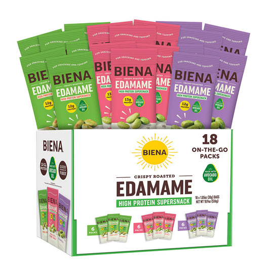 18 count on the go packs of Biena Crispy Roasted Edamame Supersnacks