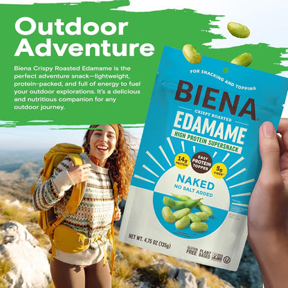 Biena Edamame Beans Snack High Protein Snacks – Healthy Sugar Free Snacks For Adults and Kids, Salt & Oil Free, 13g of Protein, 130 Low Calorie, Crunchy Edamame, Vegan, Low Carb, Gluten-Free, Naked - No Salt, 4 pk, 4.75oz Bag