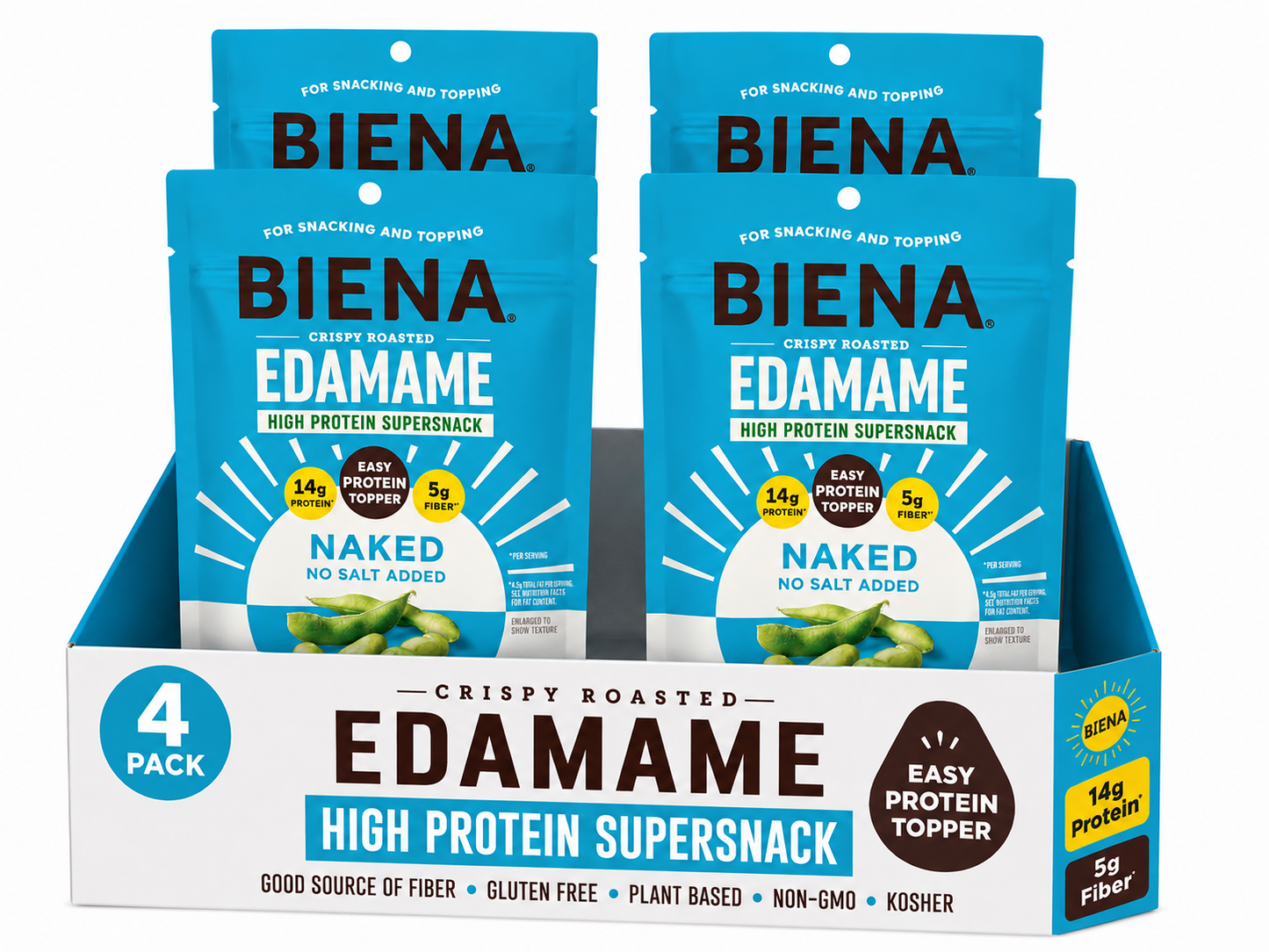 Biena Edamame Beans Snack High Protein Snacks – Healthy Sugar Free Snacks For Adults and Kids, Salt & Oil Free, 13g of Protein, 130 Low Calorie, Crunchy Edamame, Vegan, Low Carb, Gluten-Free, Naked - No Salt, 4 pk, 4.75oz Bag