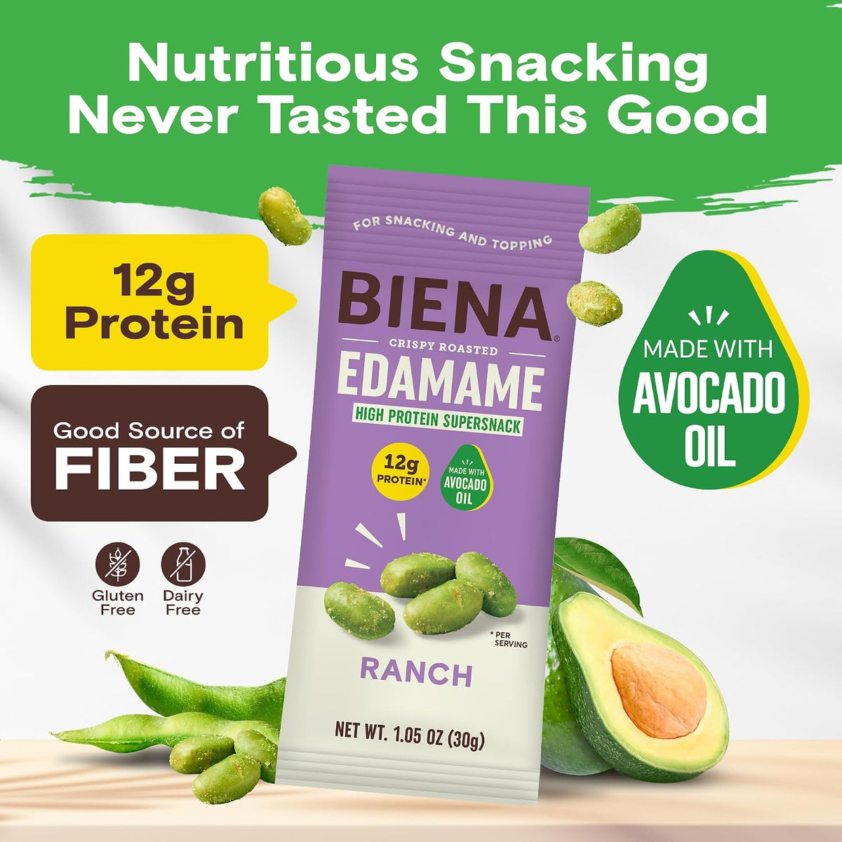 Bag of Biena Ranch Edamane made with Avocado Oil where Nutritious Snacking Never Tasted This Good