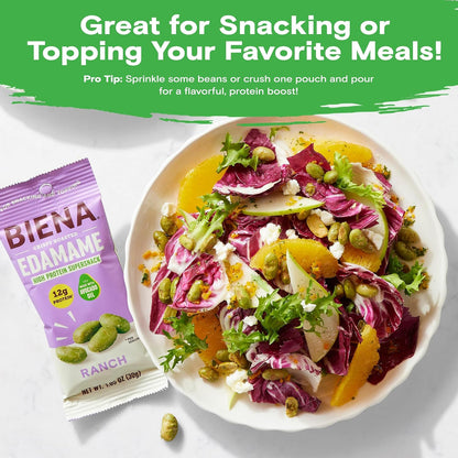 Salad and bag of Biena Crispy Roasted Ranch Edamame is Great for Snacking or Topping Your Favorite Meals! Pro Tip: Sprinkle some beans or crush one pouch and pour for a flavorful protein boost!