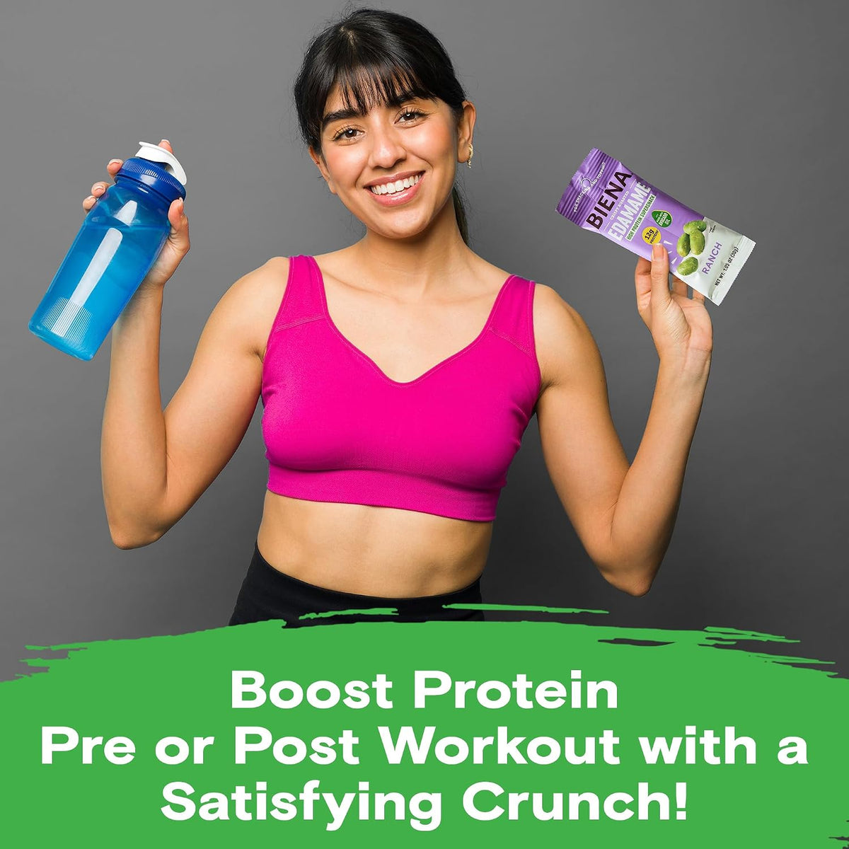 Female holding bottle and bag of Biena Ranch Edamame Snacks that Boost Protein Pre of Post Workout with a Satisfying Crunch!