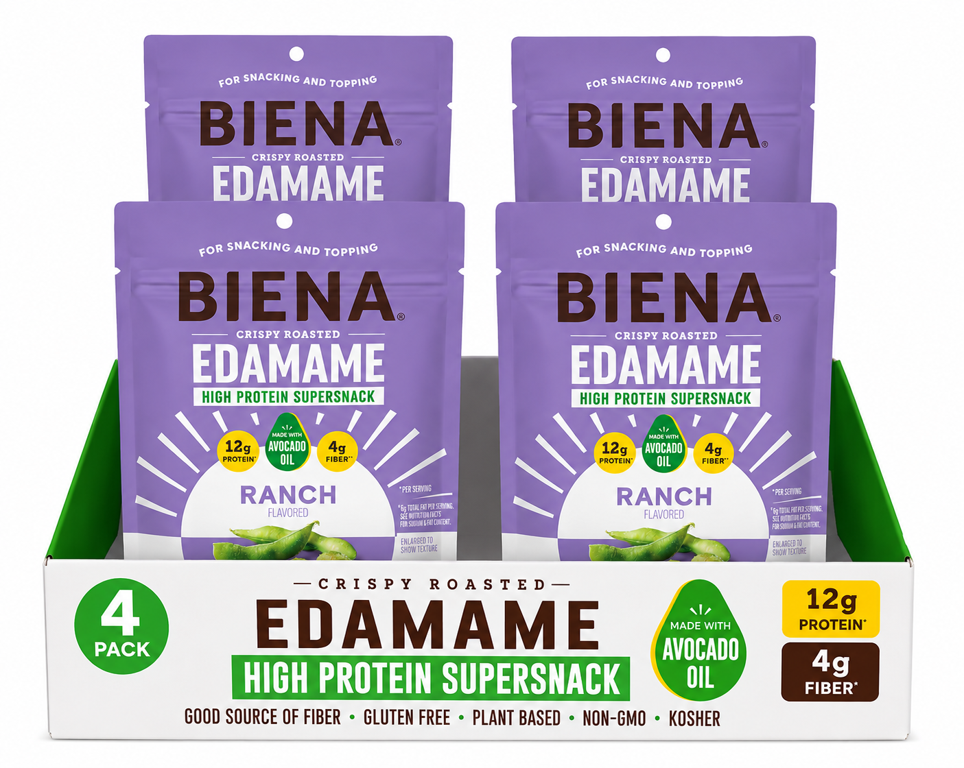 Biena Edamame Beans Snack (Ranch) – High Protein Snacks - 12g Protein per Serving - Crunchy Roasted Edamame Beans Made with Avocado Oil – Vegan, Low Carb, Gluten-Free – 4-Pack, 4.75oz Bags