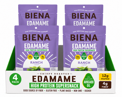 Biena Edamame Beans Snack (Ranch) – High Protein Snacks - 12g Protein per Serving - Crunchy Roasted Edamame Beans Made with Avocado Oil – Vegan, Low Carb, Gluten-Free – 4-Pack, 4.75oz Bags