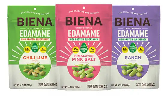 Biena Crispy Edamame High Protein Supersnacks in Chile Lime, Himilayan Pink Salt and Ranch