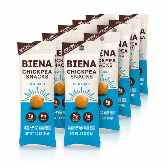 BIENA Chickpea Snacks - Crunchy Roasted Chickpeas - High Fiber Vegan Protein Snacks for Adults and Kids - 10-Pack, 1.2 Ounce Bags - Sea Salt