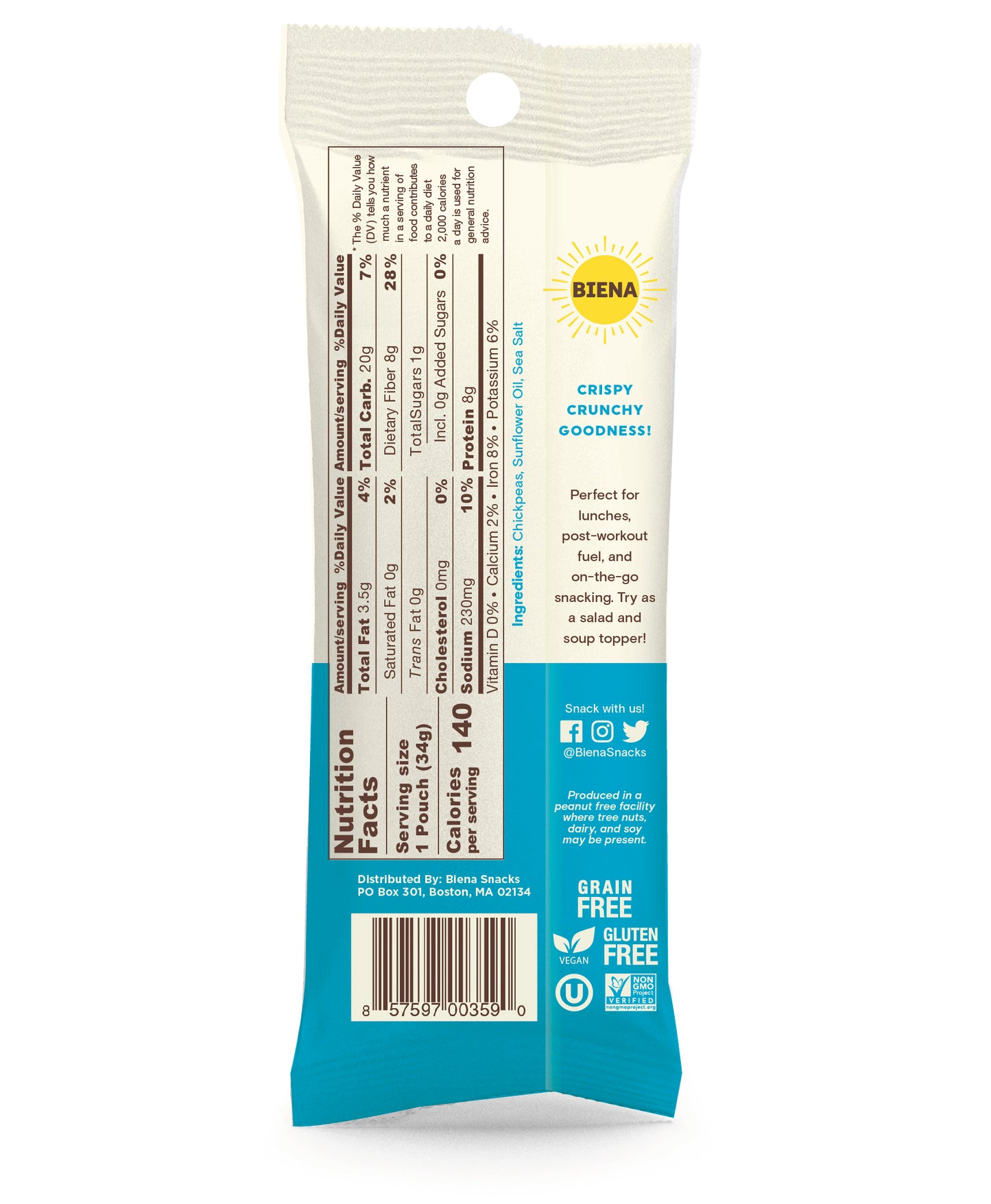 Back of Biena Single Serve Sea Salt Chickpea Snacks