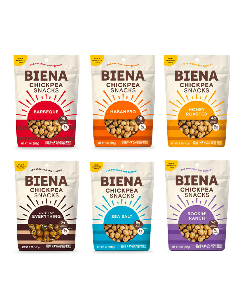 Front of the six bags of the Biena Chickpea Snacks Variety Pack